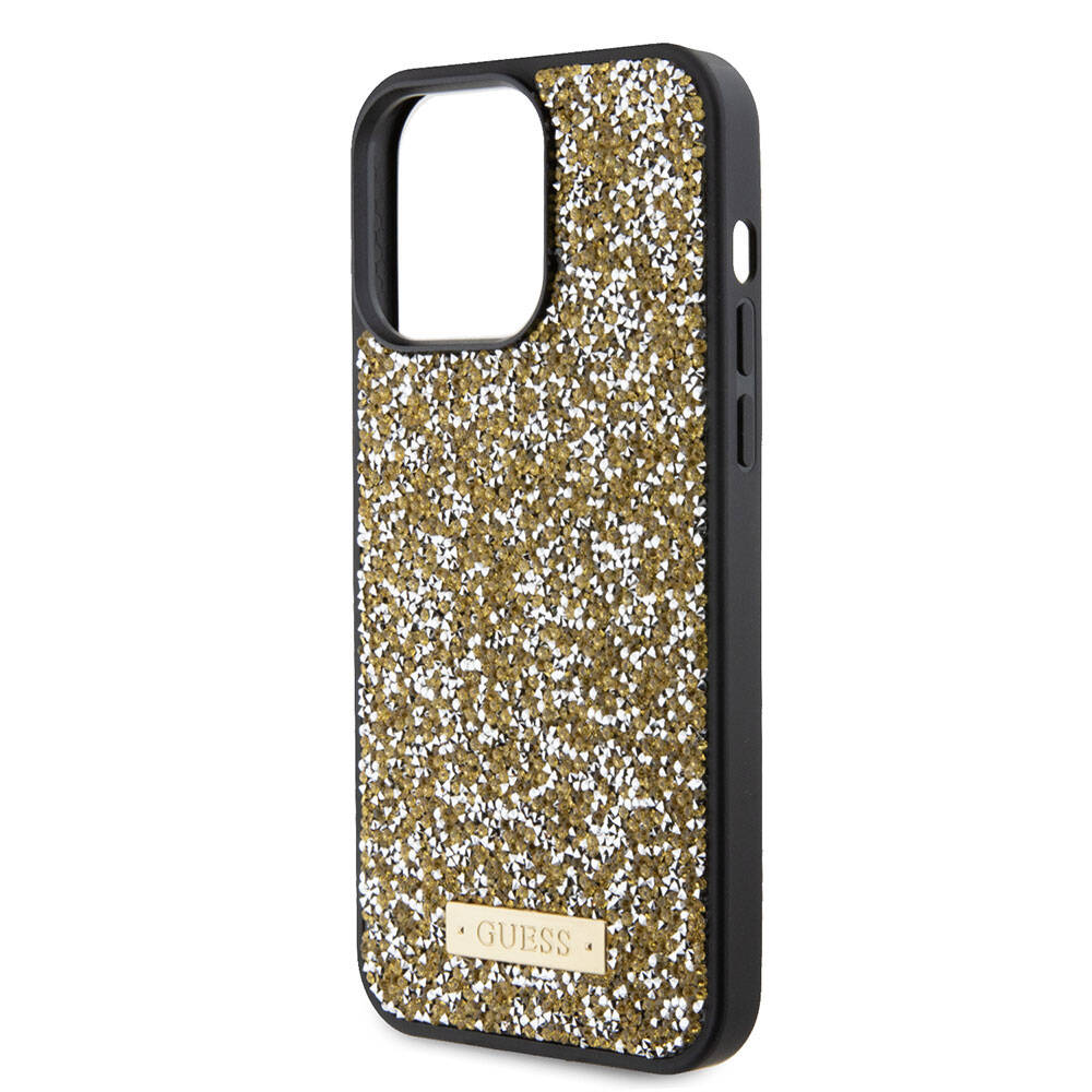 Apple iPhone 15 Pro Max Kılıf Guess Orjinal Lisanslı Taşlı Arka Yüzey Metal Yazı Logolu Kapak Siyah