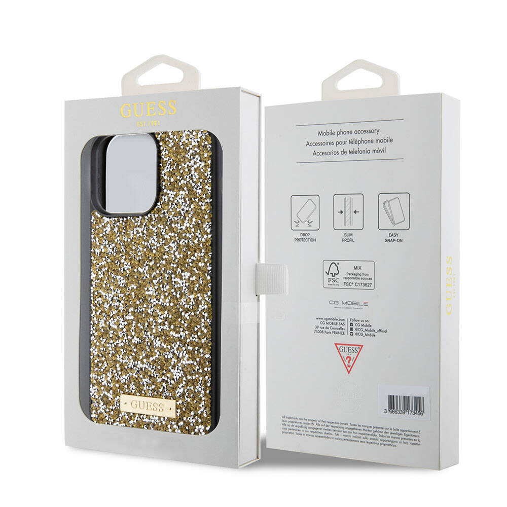 Apple iPhone 15 Pro Max Kılıf Guess Orjinal Lisanslı Taşlı Arka Yüzey Metal Yazı Logolu Kapak Gümüş