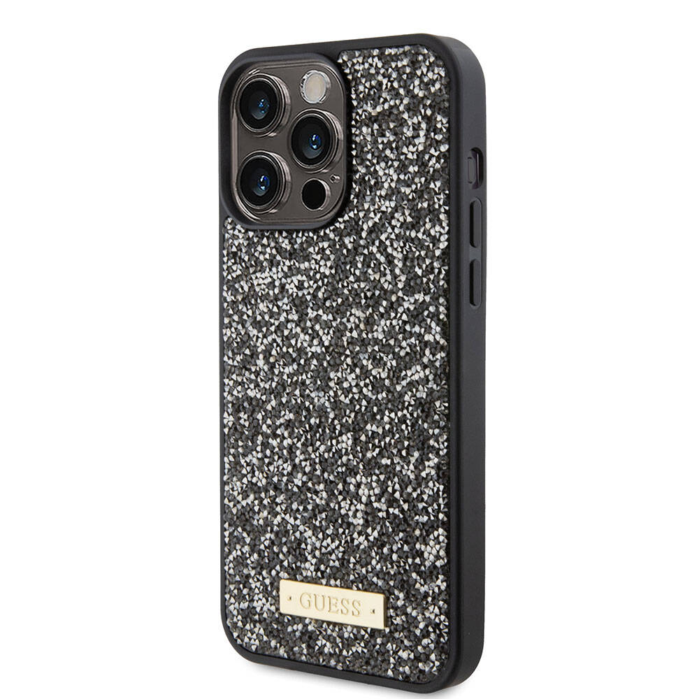 Apple iPhone 15 Pro Max Kılıf Guess Orjinal Lisanslı Taşlı Arka Yüzey Metal Yazı Logolu Kapak Gümüş