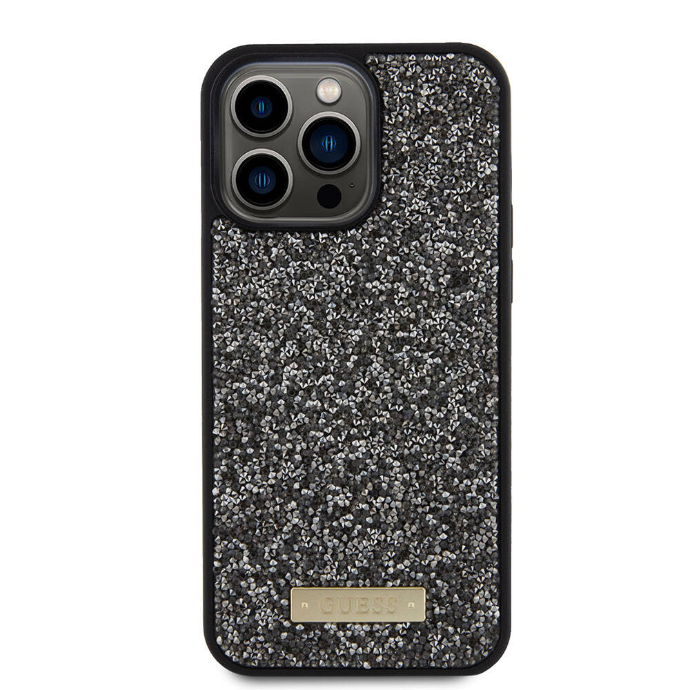 Apple iPhone 15 Pro Max Kılıf Guess Orjinal Lisanslı Taşlı Arka Yüzey Metal Yazı Logolu Kapak Siyah