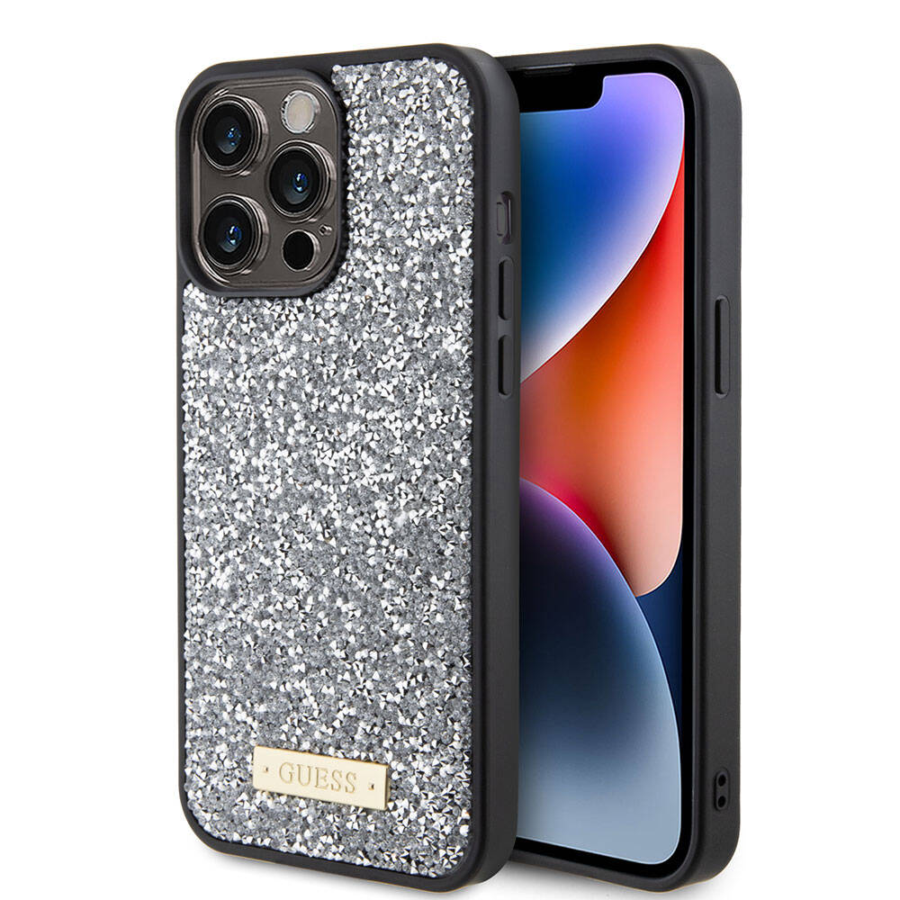 Apple iPhone 15 Pro Max Kılıf Guess Orjinal Lisanslı Taşlı Arka Yüzey Metal Yazı Logolu Kapak Gümüş