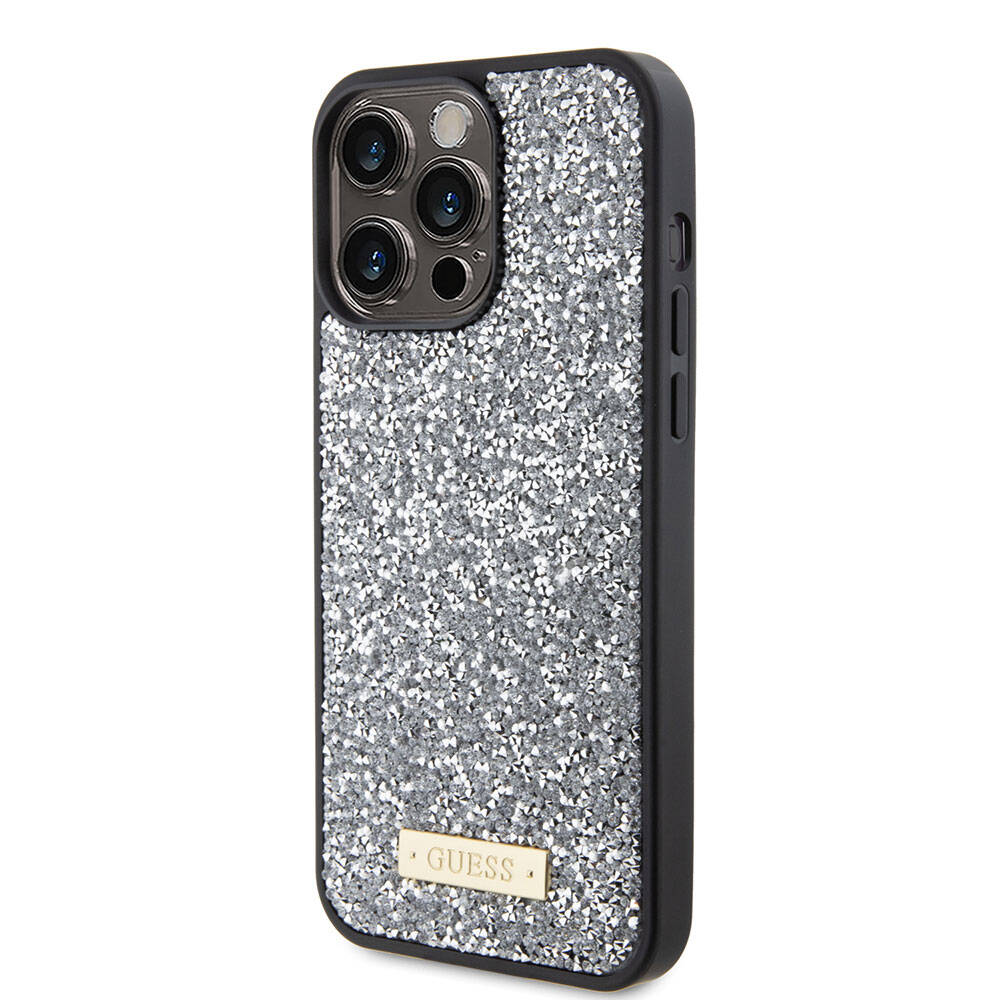 Apple iPhone 15 Pro Max Kılıf Guess Orjinal Lisanslı Taşlı Arka Yüzey Metal Yazı Logolu Kapak Gümüş