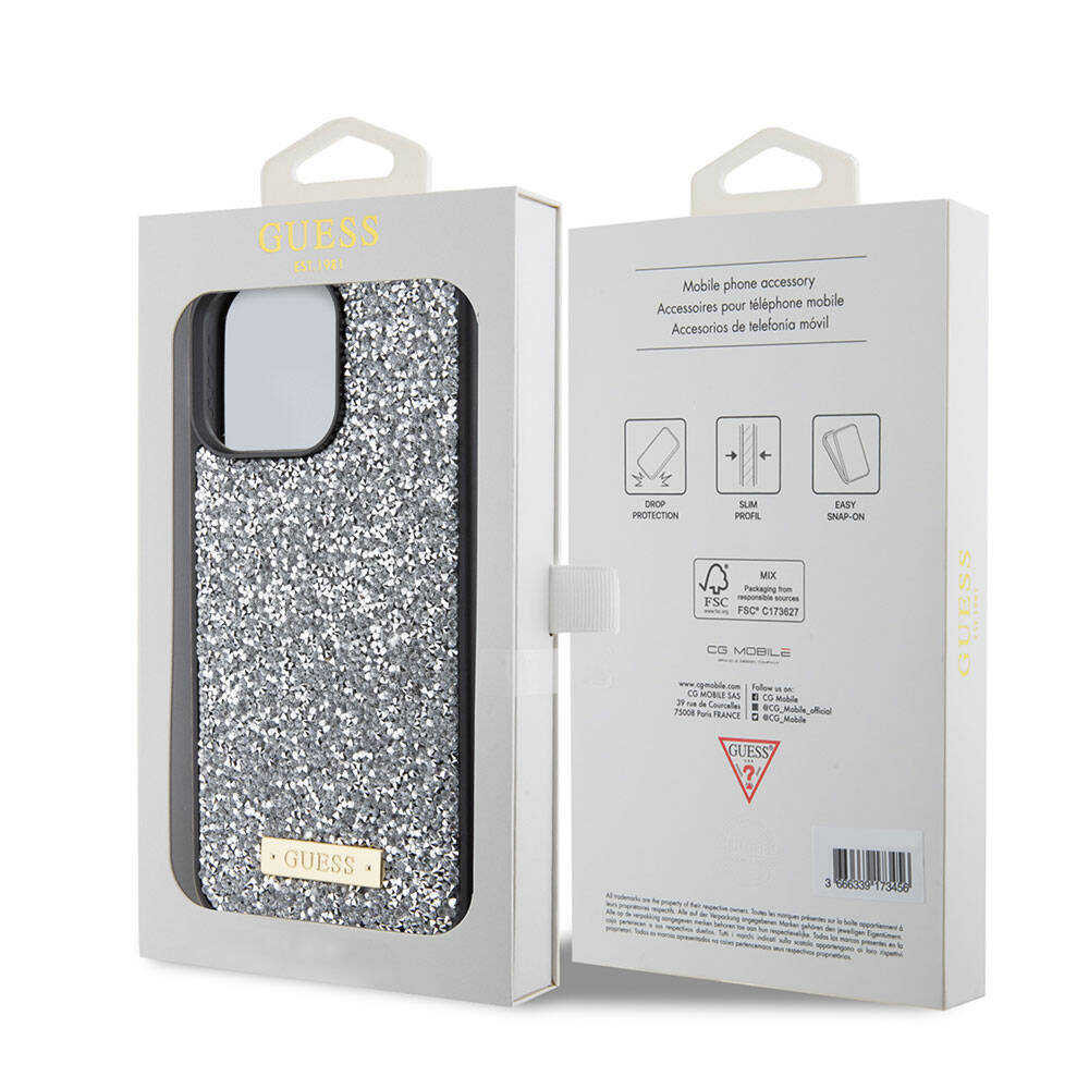 Apple iPhone 15 Pro Max Kılıf Guess Orjinal Lisanslı Taşlı Arka Yüzey Metal Yazı Logolu Kapak Gümüş