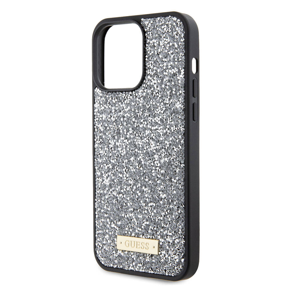 Apple iPhone 15 Pro Max Kılıf Guess Orjinal Lisanslı Taşlı Arka Yüzey Metal Yazı Logolu Kapak Siyah