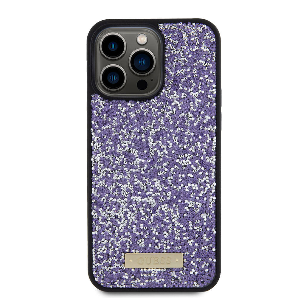 Apple iPhone 15 Pro Max Kılıf Guess Orjinal Lisanslı Taşlı Arka Yüzey Metal Yazı Logolu Kapak Siyah
