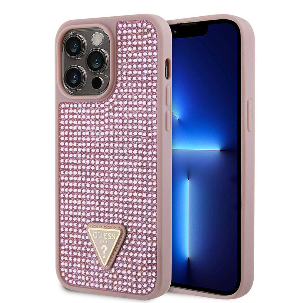 Apple iPhone 15 Pro Max Kılıf Guess Orjinal Lisanslı Taşlı Arka Yüzey Üçgen Logolu Kapak Pembe