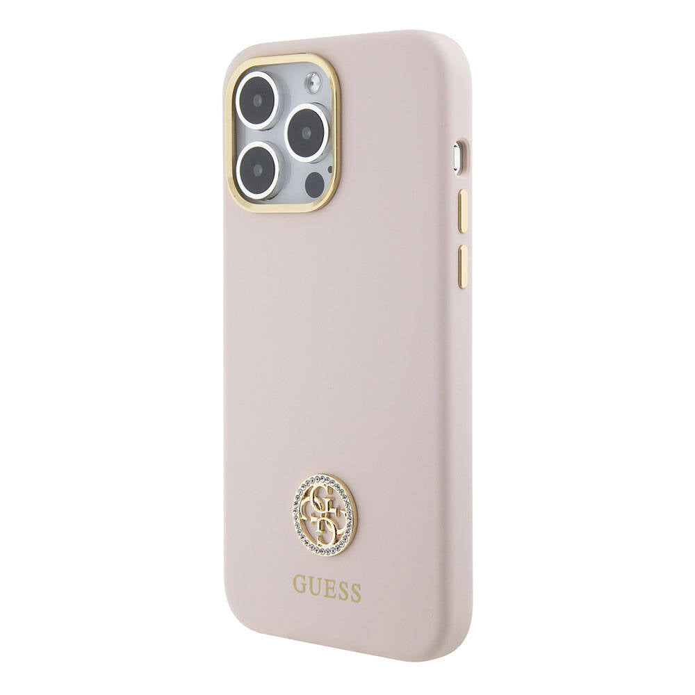 Apple iPhone 15 Pro Max Kılıf Guess Orjinal Lisanslı Yazı ve Taşlı 4G Logolu Metal Kamera Çerçeveli Silikon Kapak Pembe