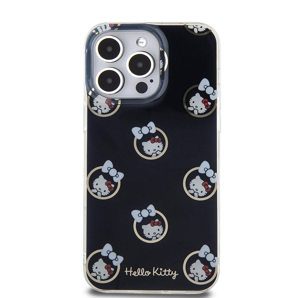 iPhone 15 Pro Max Kılıf Hello Kitty Orjinal Lisanslı Elektroplating Kaplama Kabarcık Baskılı Kılıf Siyah