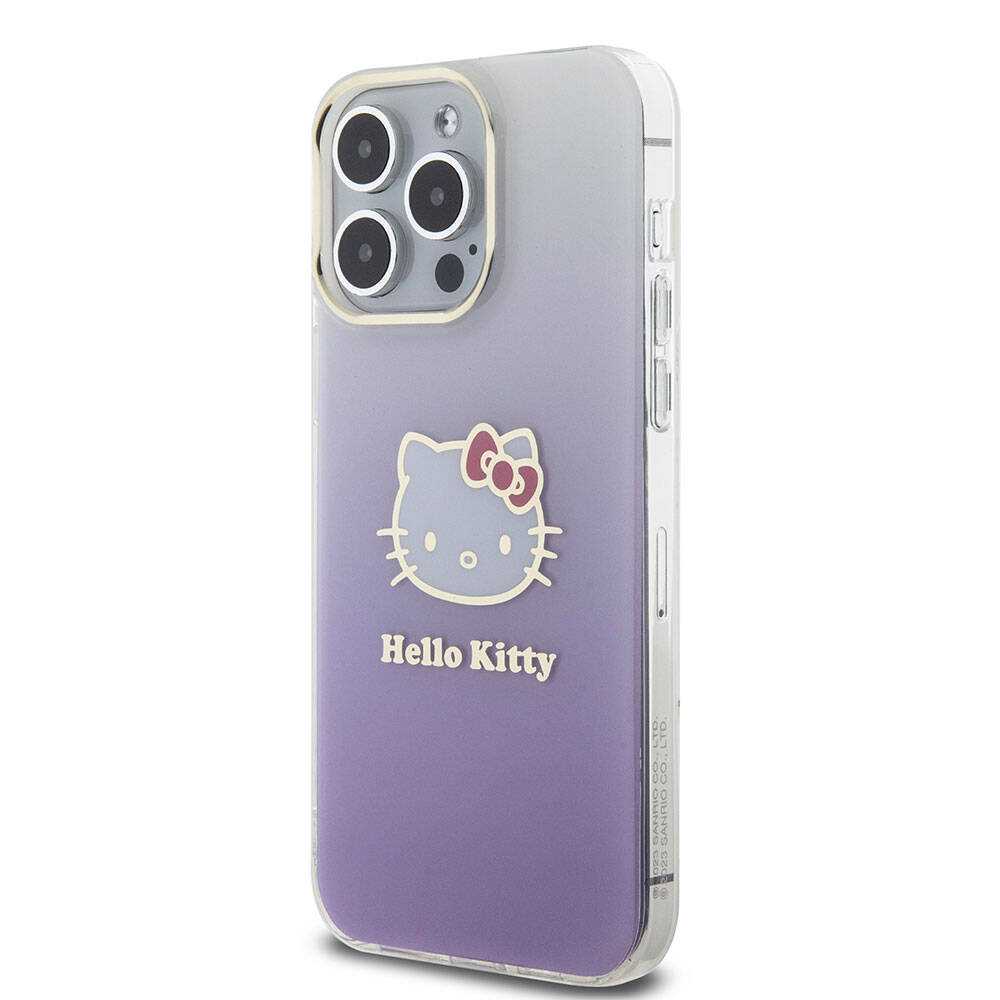 iPhone 15 Pro Max Kılıf Hello Kitty Orjinal Lisanslı Yazı ve İkonik Logolu Elektroplating Kaplama Gradyan Kılıf Pembe