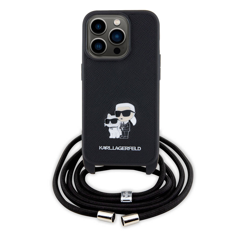 iPhone 15 Pro Max Kılıf Karl Lagerfeld Askı İpli K&C Metal Logo Orjinal Lisanslı Kılıf Siyah