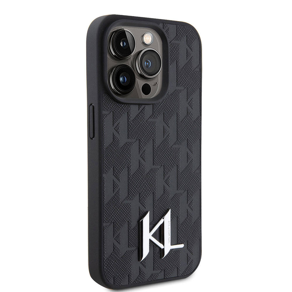 iPhone 15 Pro Max Kılıf Karl Lagerfeld Hot Stamp K&L Metal Logo Orjinal Lisanslı Kılıf Siyah