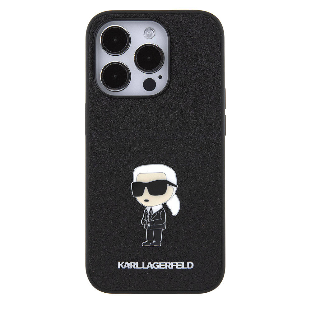 iPhone 15 Pro Max Kılıf Karl Lagerfeld İkonik Fixed Glitter Metal Logo Orjinal Lisanslı Kılıf Siyah