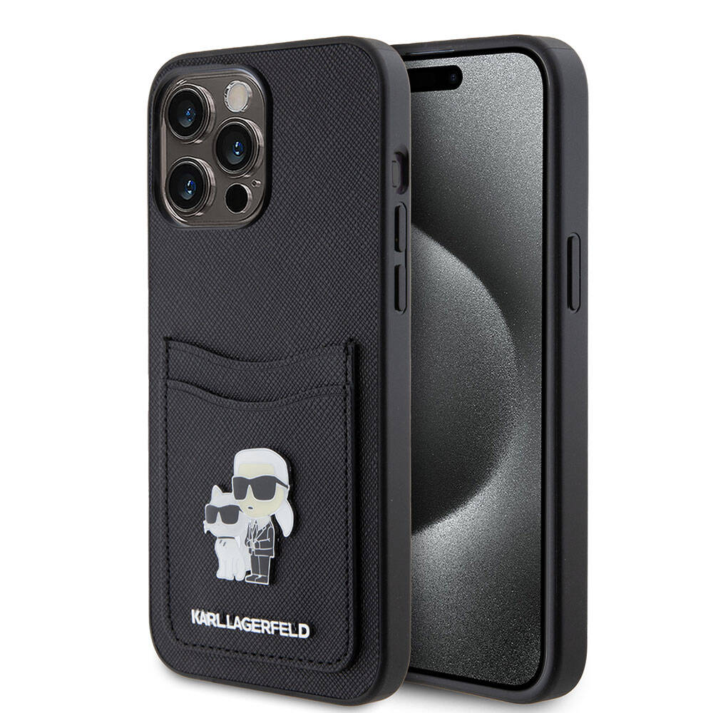 iPhone 15 Pro Max Kılıf Karl Lagerfeld Kartlıklı Metal Logo Orjinal Lisanslı Kılıf Siyah