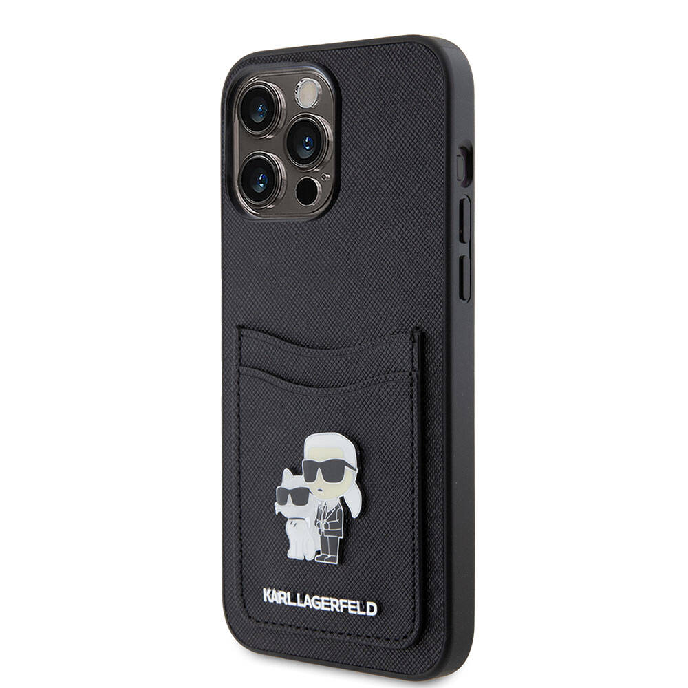 iPhone 15 Pro Max Kılıf Karl Lagerfeld Kartlıklı Metal Logo Orjinal Lisanslı Kılıf Siyah