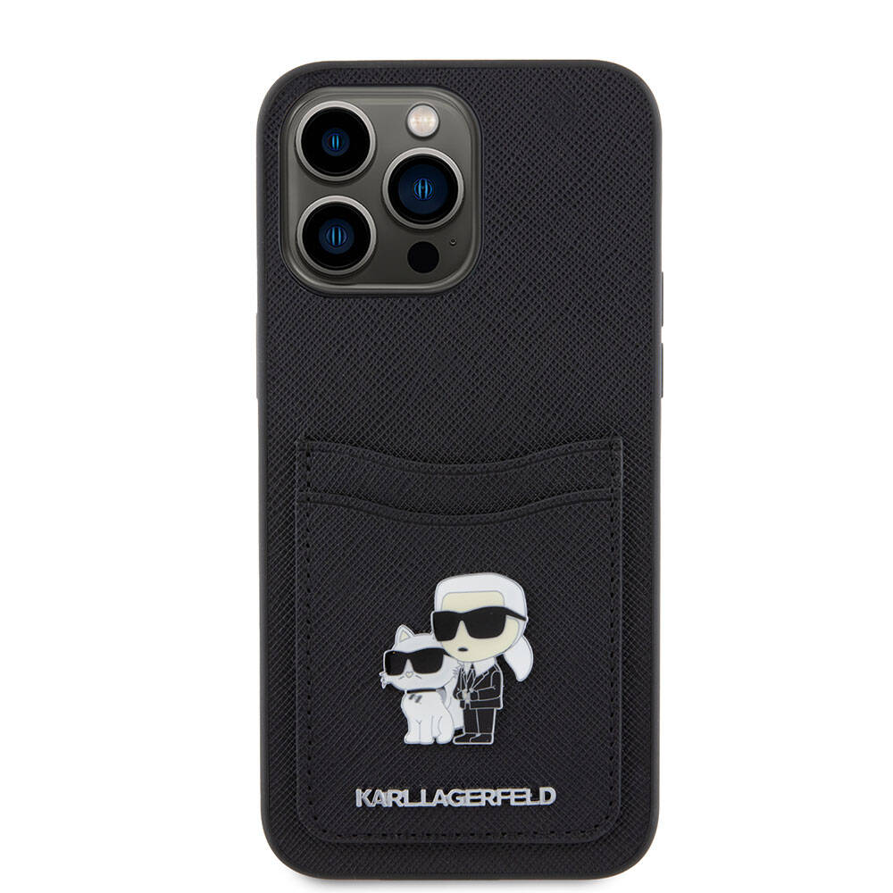 iPhone 15 Pro Max Kılıf Karl Lagerfeld Kartlıklı Metal Logo Orjinal Lisanslı Kılıf Siyah