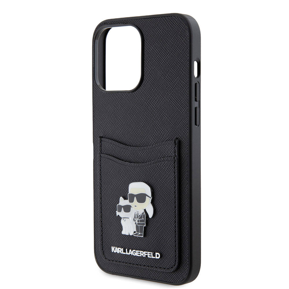 iPhone 15 Pro Max Kılıf Karl Lagerfeld Kartlıklı Metal Logo Orjinal Lisanslı Kılıf Siyah