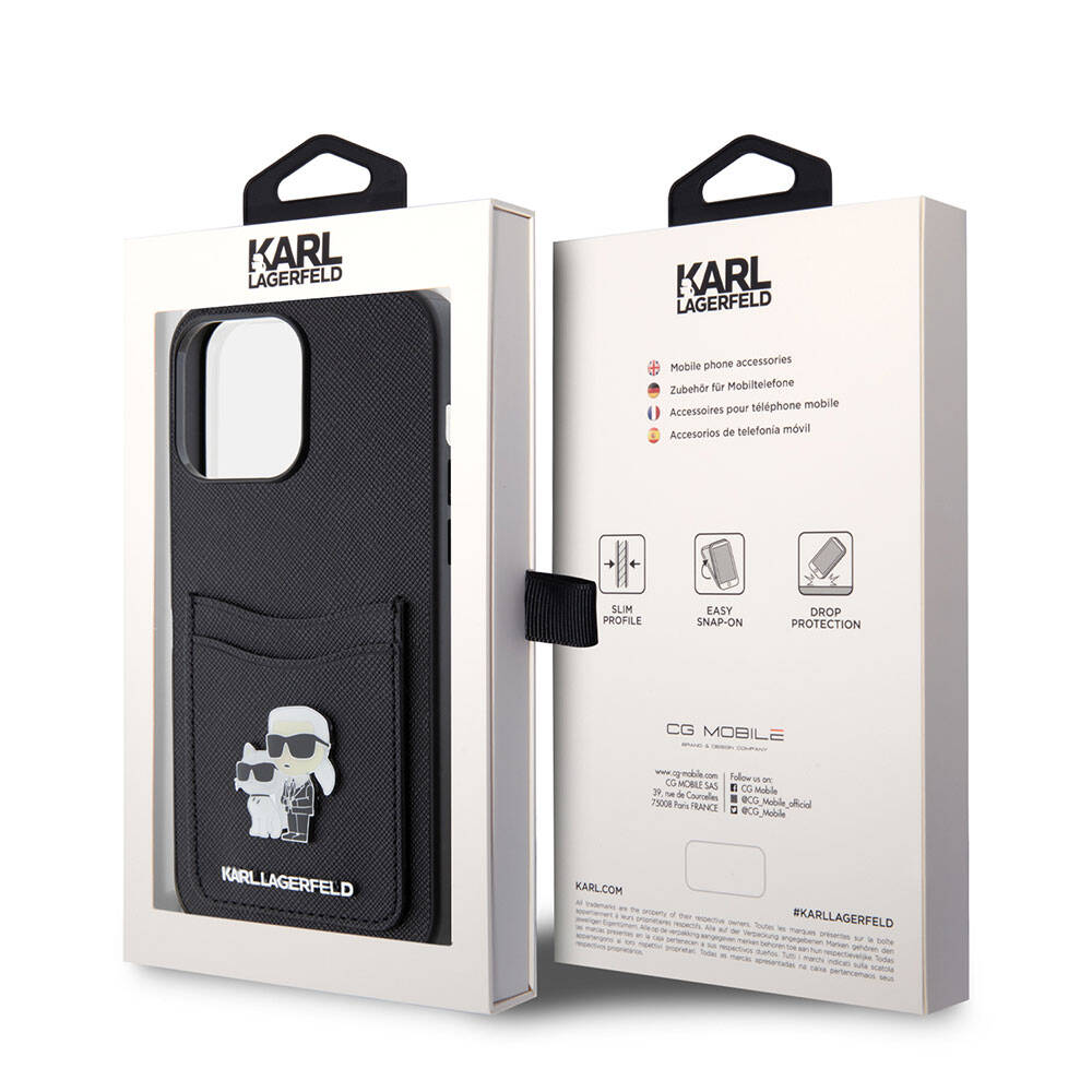 iPhone 15 Pro Max Kılıf Karl Lagerfeld Kartlıklı Metal Logo Orjinal Lisanslı Kılıf Siyah
