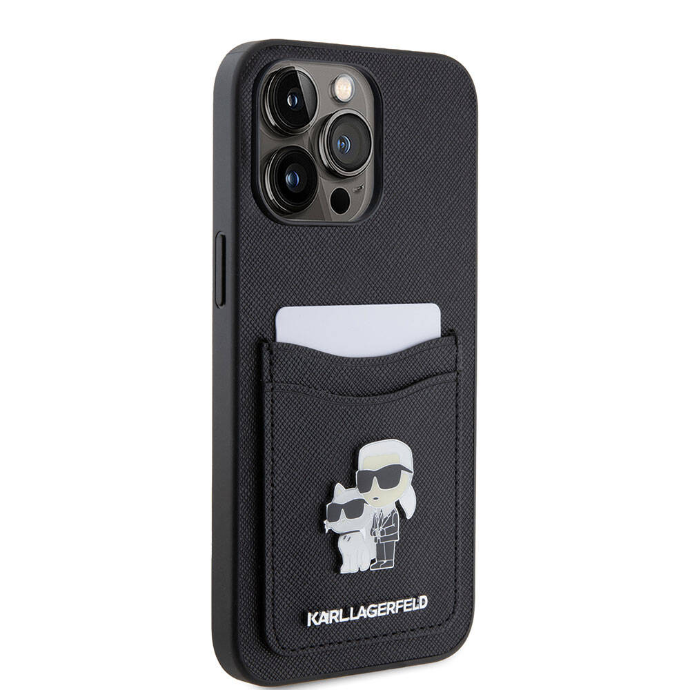 iPhone 15 Pro Max Kılıf Karl Lagerfeld Kartlıklı Metal Logo Orjinal Lisanslı Kılıf Siyah