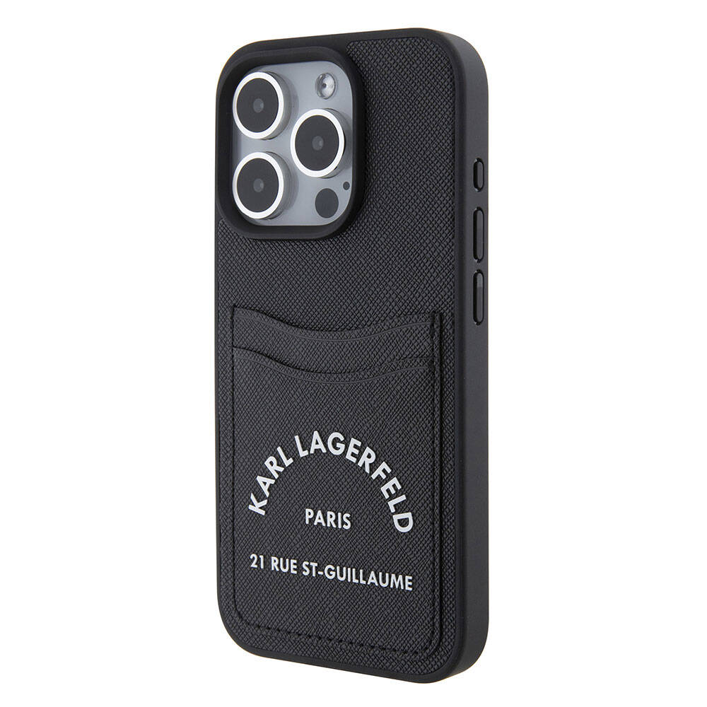 iPhone 15 Pro Max Kılıf Karl Lagerfeld Kartlıklı Saffiano 3D RSG Logo Orjinal Lisanslı Kılıf Siyah