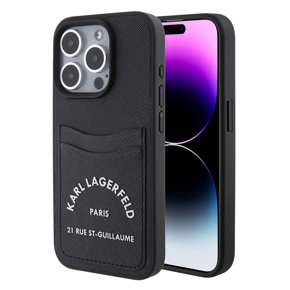 iPhone 15 Pro Max Kılıf Karl Lagerfeld Kartlıklı Saffiano 3D RSG Logo Orjinal Lisanslı Kılıf Siyah