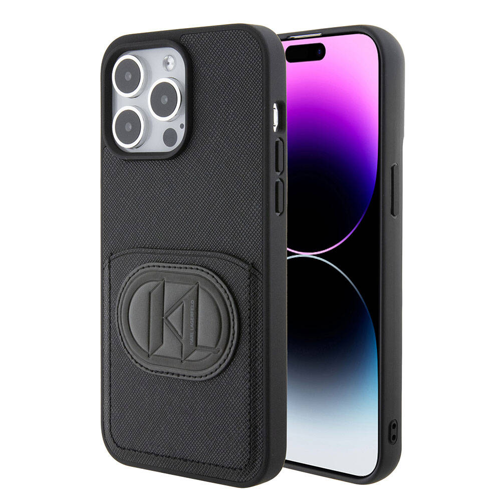 iPhone 15 Pro Max Kılıf Karl Lagerfeld Kartlıklı Saffiano K&L Patch Orjinal Lisanslı Kılıf Siyah