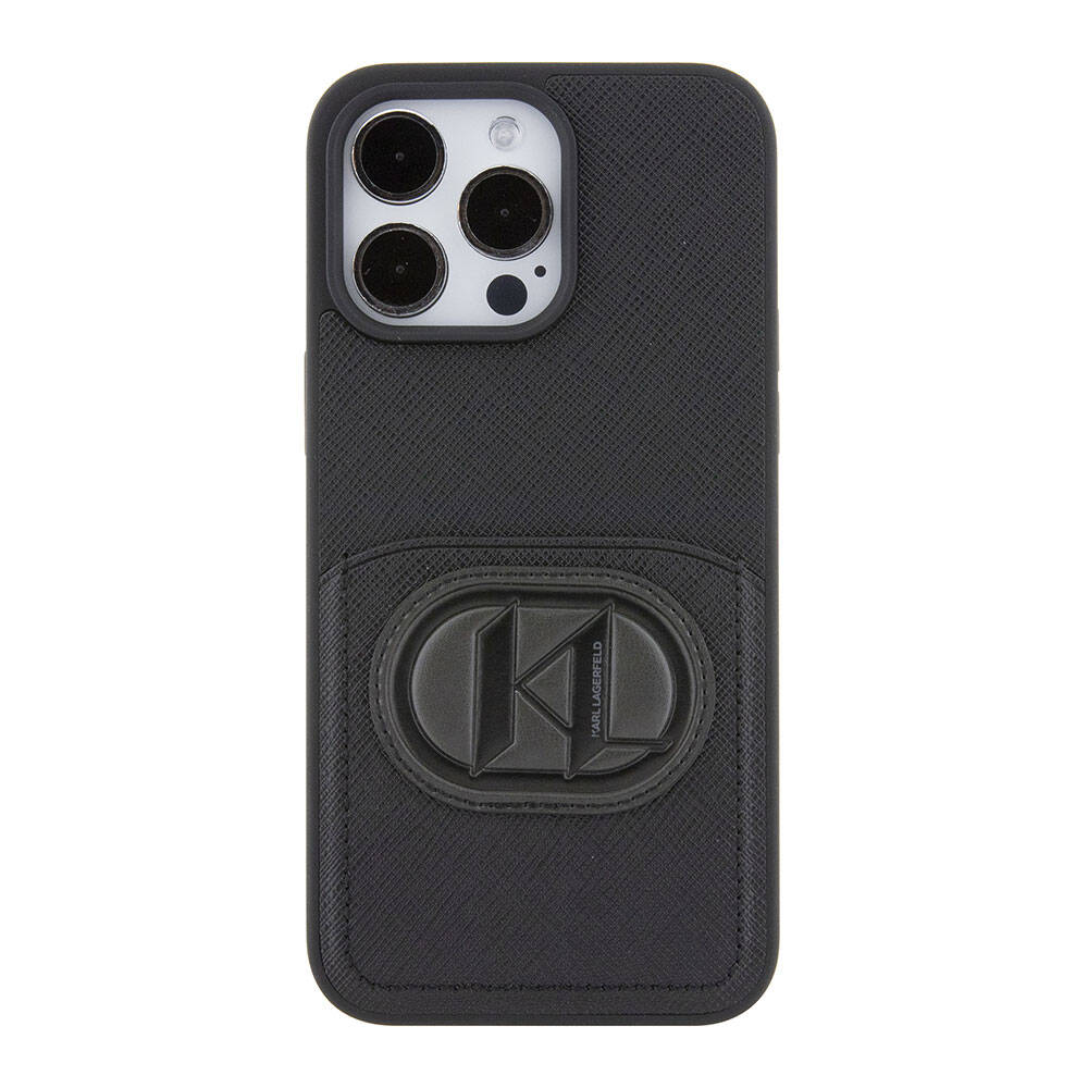 iPhone 15 Pro Max Kılıf Karl Lagerfeld Kartlıklı Saffiano K&L Patch Orjinal Lisanslı Kılıf Siyah