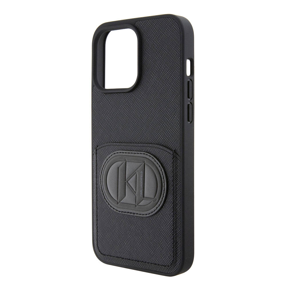 iPhone 15 Pro Max Kılıf Karl Lagerfeld Kartlıklı Saffiano K&L Patch Orjinal Lisanslı Kılıf Siyah