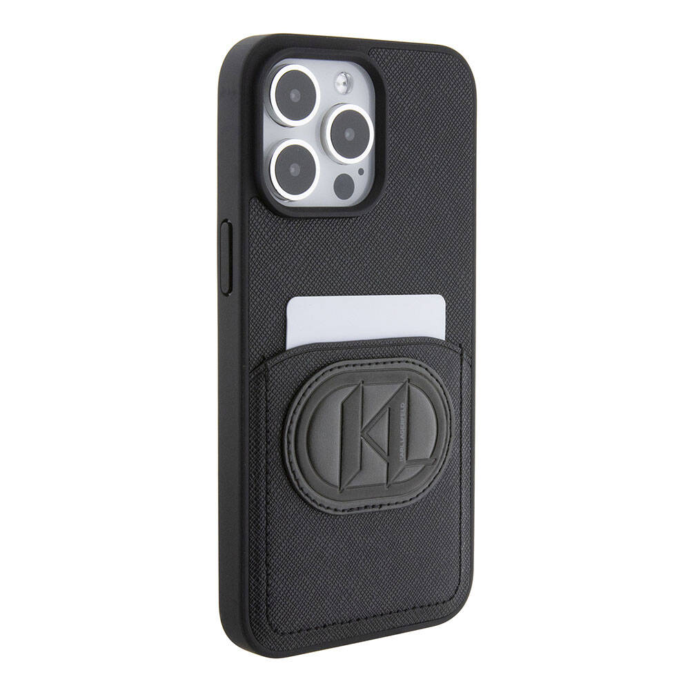 iPhone 15 Pro Max Kılıf Karl Lagerfeld Kartlıklı Saffiano K&L Patch Orjinal Lisanslı Kılıf Siyah