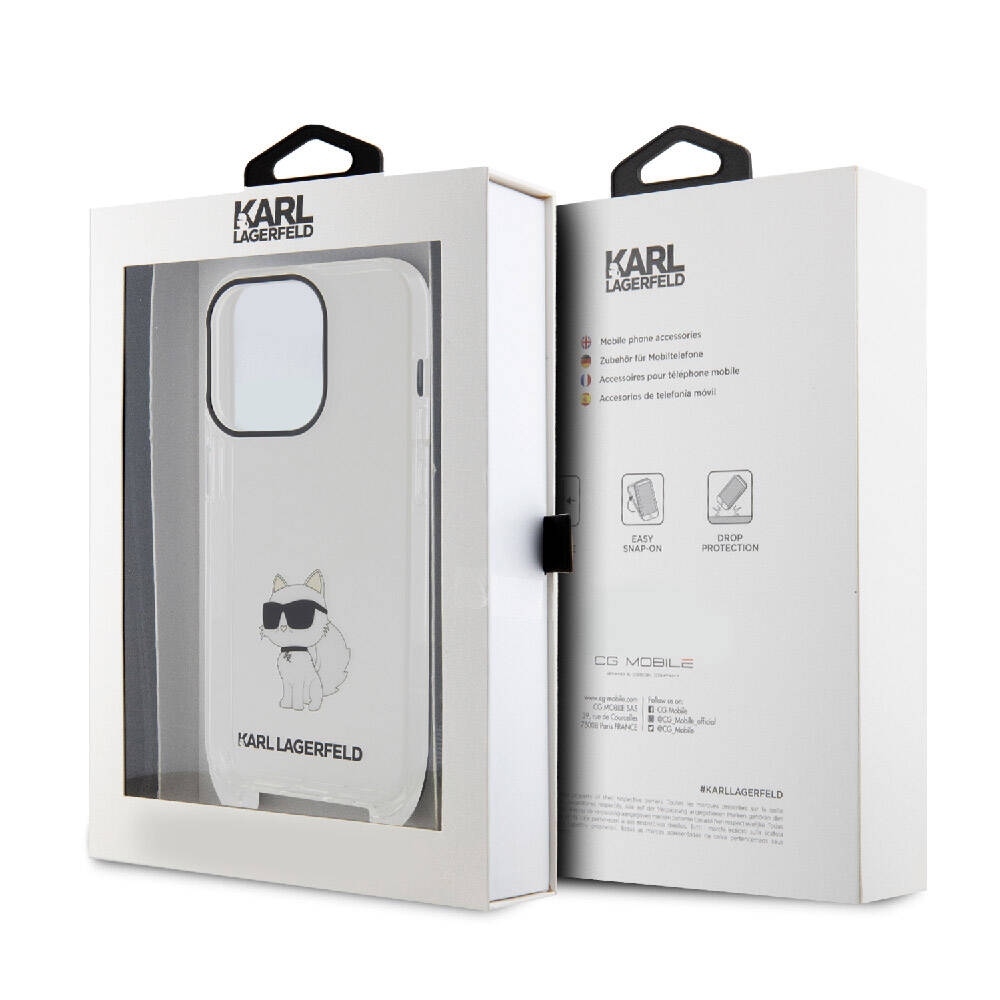 iPhone 15 Pro Max Kılıf Karl Lagerfeld Orjinal Lisanslı Boyun Askılı Choupette İkonik Crossbody Kılıf Renksiz