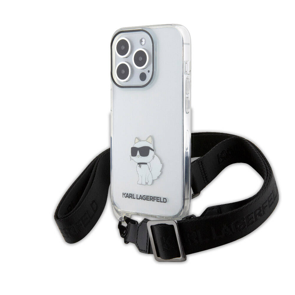 iPhone 15 Pro Max Kılıf Karl Lagerfeld Orjinal Lisanslı Boyun Askılı Choupette İkonik Crossbody Kılıf Renksiz