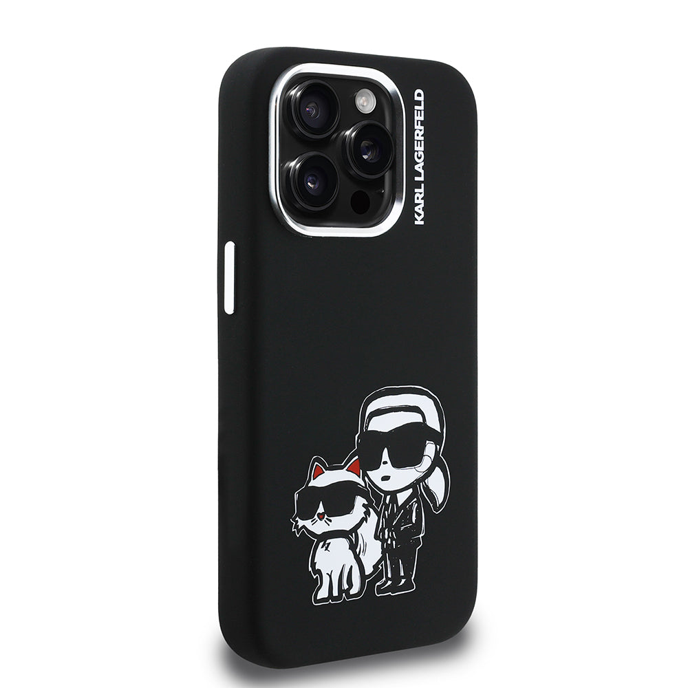 Apple iPhone 15 Pro Max Kılıf Karl Lagerfeld Orjinal Lisanslı Karl & Choupette Sketch Logo Sililkon Kapak Siyah