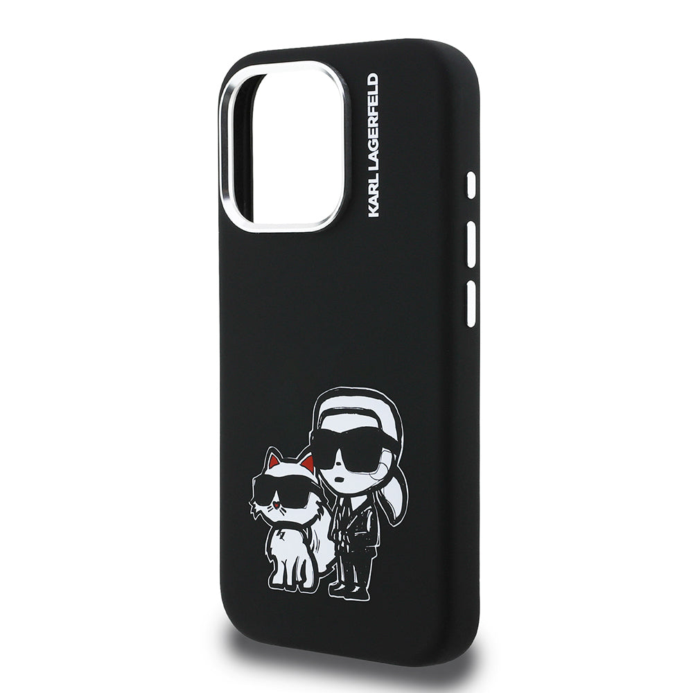 Apple iPhone 15 Pro Max Kılıf Karl Lagerfeld Orjinal Lisanslı Karl & Choupette Sketch Logo Sililkon Kapak Siyah