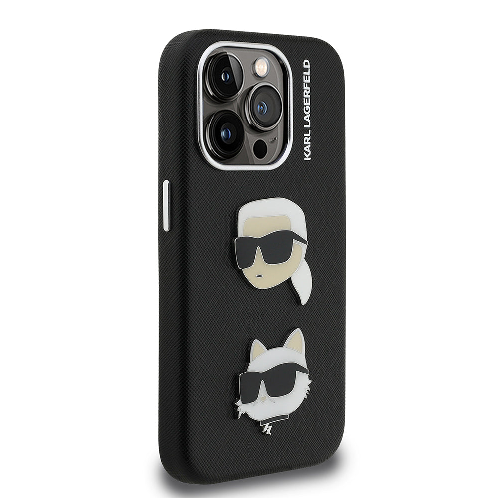 Apple iPhone 15 Pro Max Kılıf Karl Lagerfeld Orjinal Lisanslı K&C Heads Pin Kapak Gri