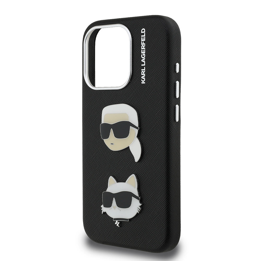Apple iPhone 15 Pro Max Kılıf Karl Lagerfeld Orjinal Lisanslı K&C Heads Pin Kapak Siyah