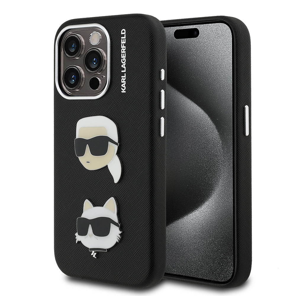 Apple iPhone 15 Pro Max Kılıf Karl Lagerfeld Orjinal Lisanslı K&C Heads Pin Kapak Siyah