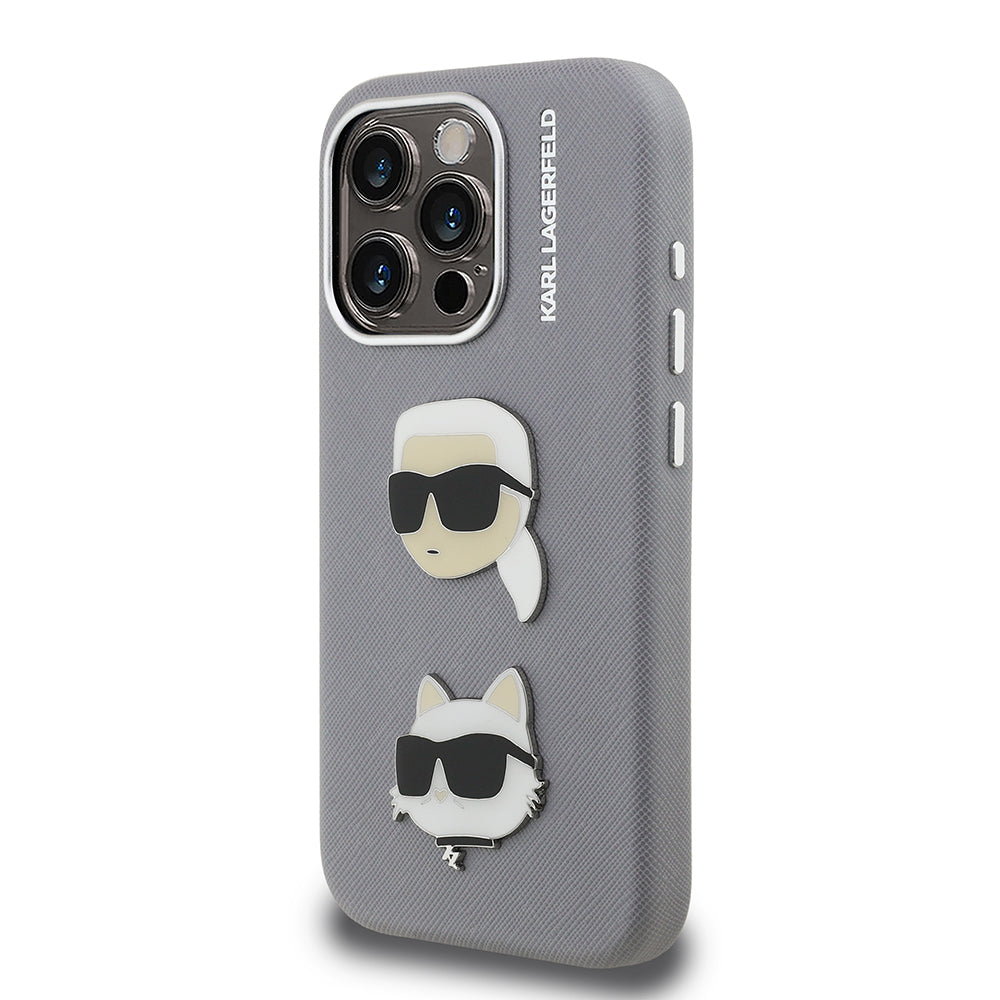 Apple iPhone 15 Pro Max Kılıf Karl Lagerfeld Orjinal Lisanslı K&C Heads Pin Kapak Gri