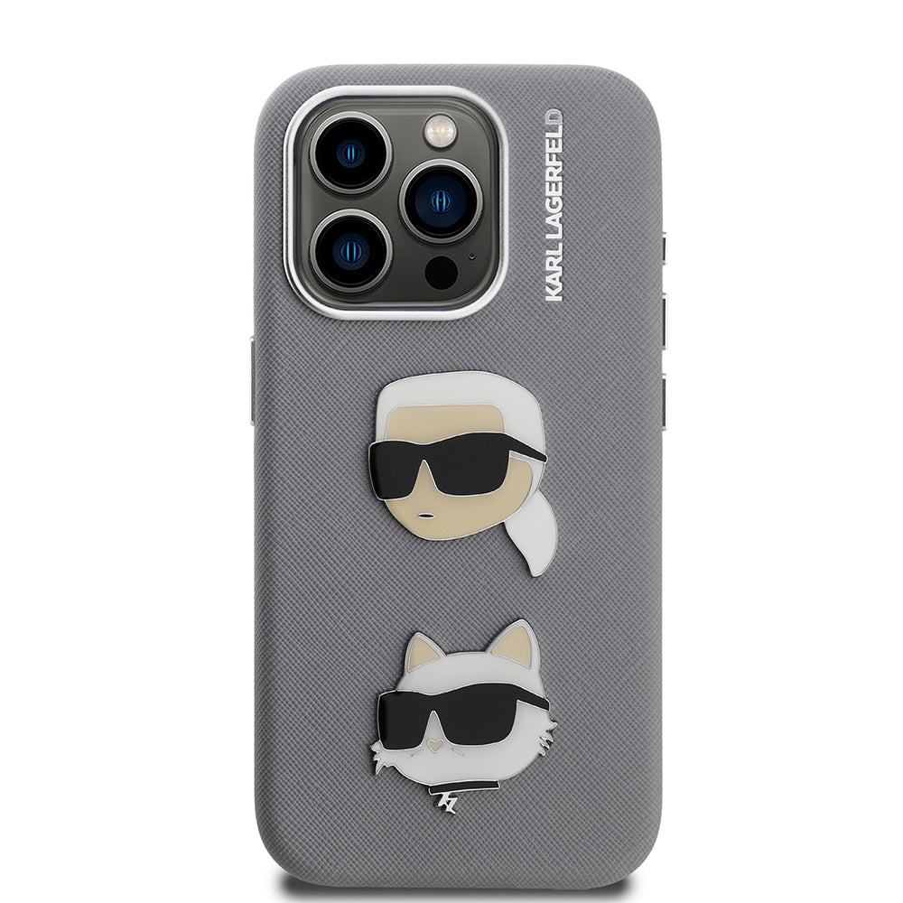 Apple iPhone 15 Pro Max Kılıf Karl Lagerfeld Orjinal Lisanslı K&C Heads Pin Kapak Gri
