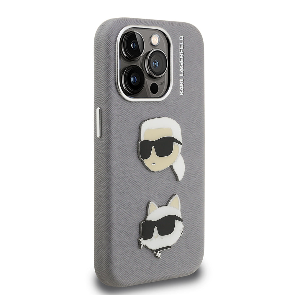 Apple iPhone 15 Pro Max Kılıf Karl Lagerfeld Orjinal Lisanslı K&C Heads Pin Kapak Gri