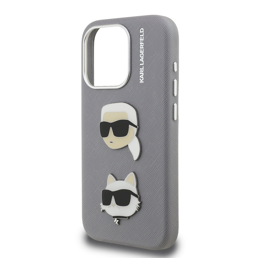 Apple iPhone 15 Pro Max Kılıf Karl Lagerfeld Orjinal Lisanslı K&C Heads Pin Kapak Siyah