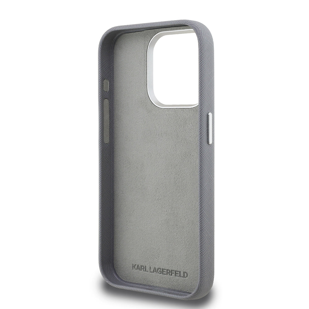 Apple iPhone 15 Pro Max Kılıf Karl Lagerfeld Orjinal Lisanslı K&C Heads Pin Kapak Gri