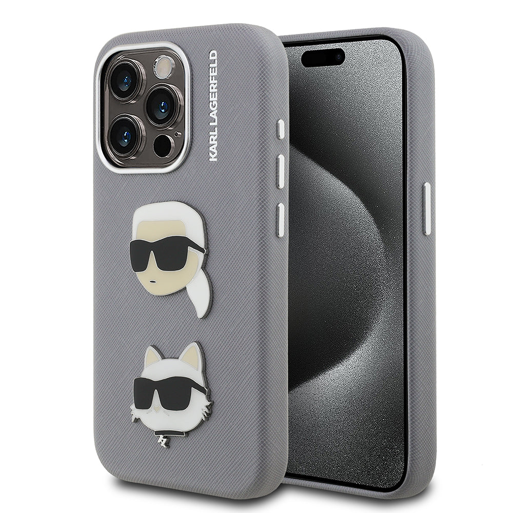 Apple iPhone 15 Pro Max Kılıf Karl Lagerfeld Orjinal Lisanslı K&C Heads Pin Kapak Gri