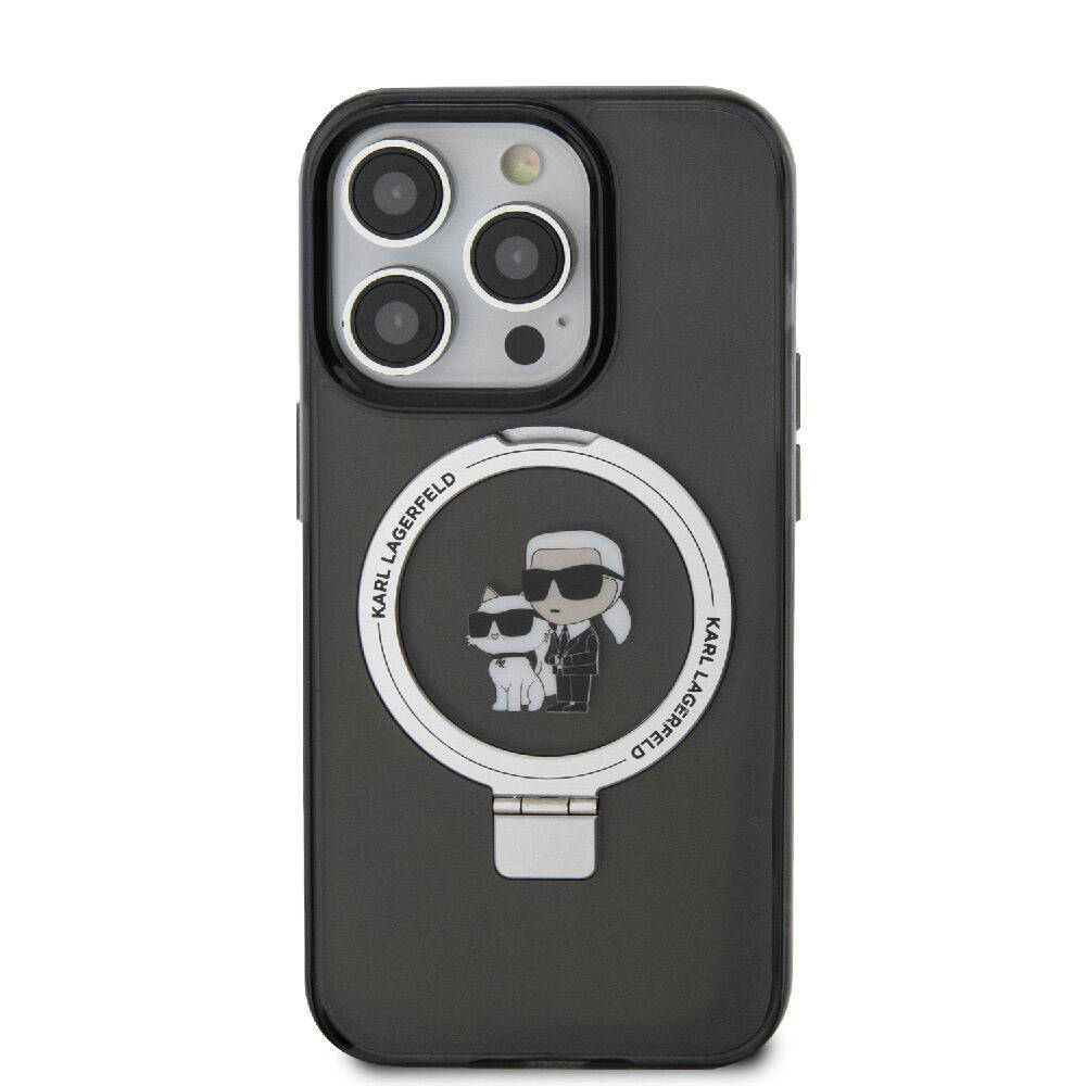 iPhone 15 Pro Max Kılıf Karl Lagerfeld Orjinal Lisanslı Magsafe Şarj Özellikli K&C İkonik Baskılı Ring Standlı Kılıf Siyah