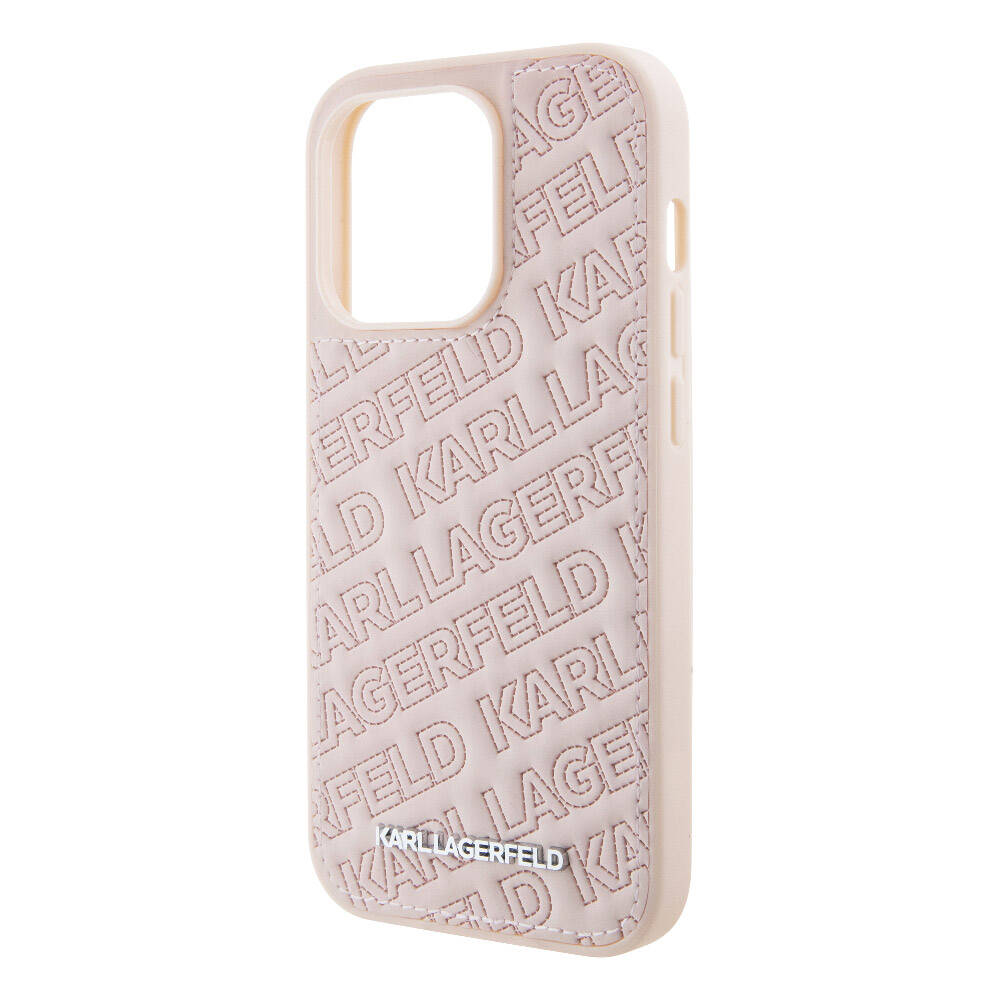 iPhone 15 Pro Max Kılıf Karl Lagerfeld Orjinal Lisanslı Metal Yazı Logolu Dikişli Logo Arka Yüzey Kapitone Kılıf Pembe