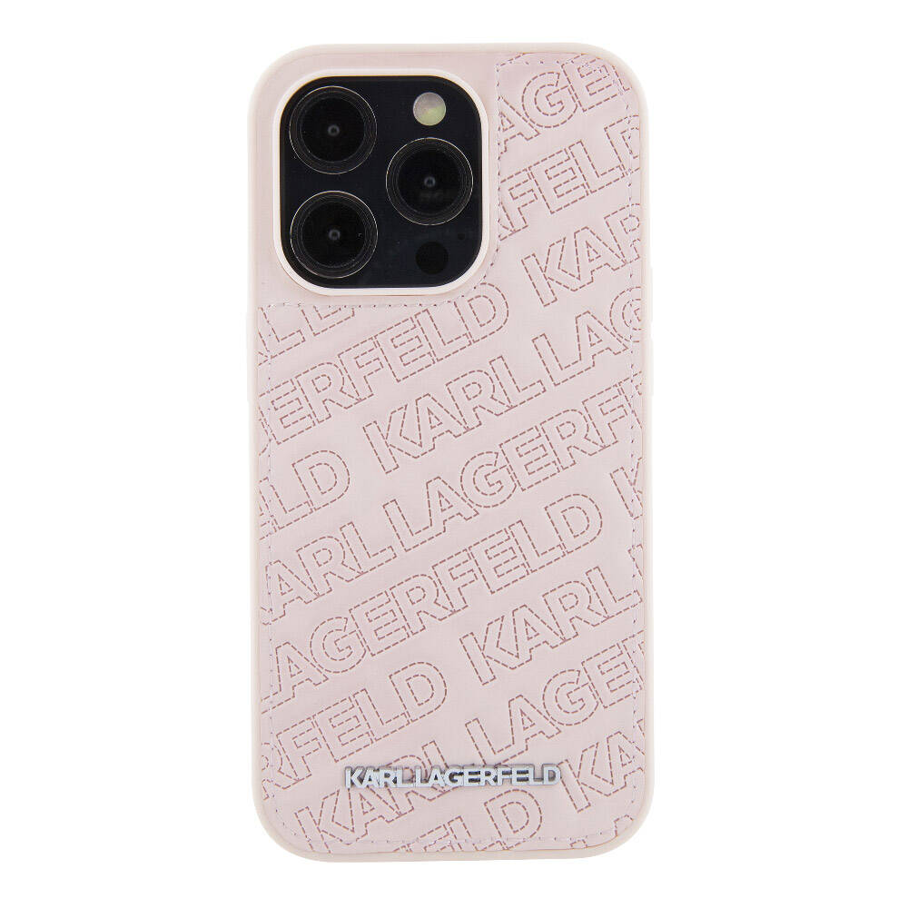 iPhone 15 Pro Max Kılıf Karl Lagerfeld Orjinal Lisanslı Metal Yazı Logolu Dikişli Logo Arka Yüzey Kapitone Kılıf Pembe
