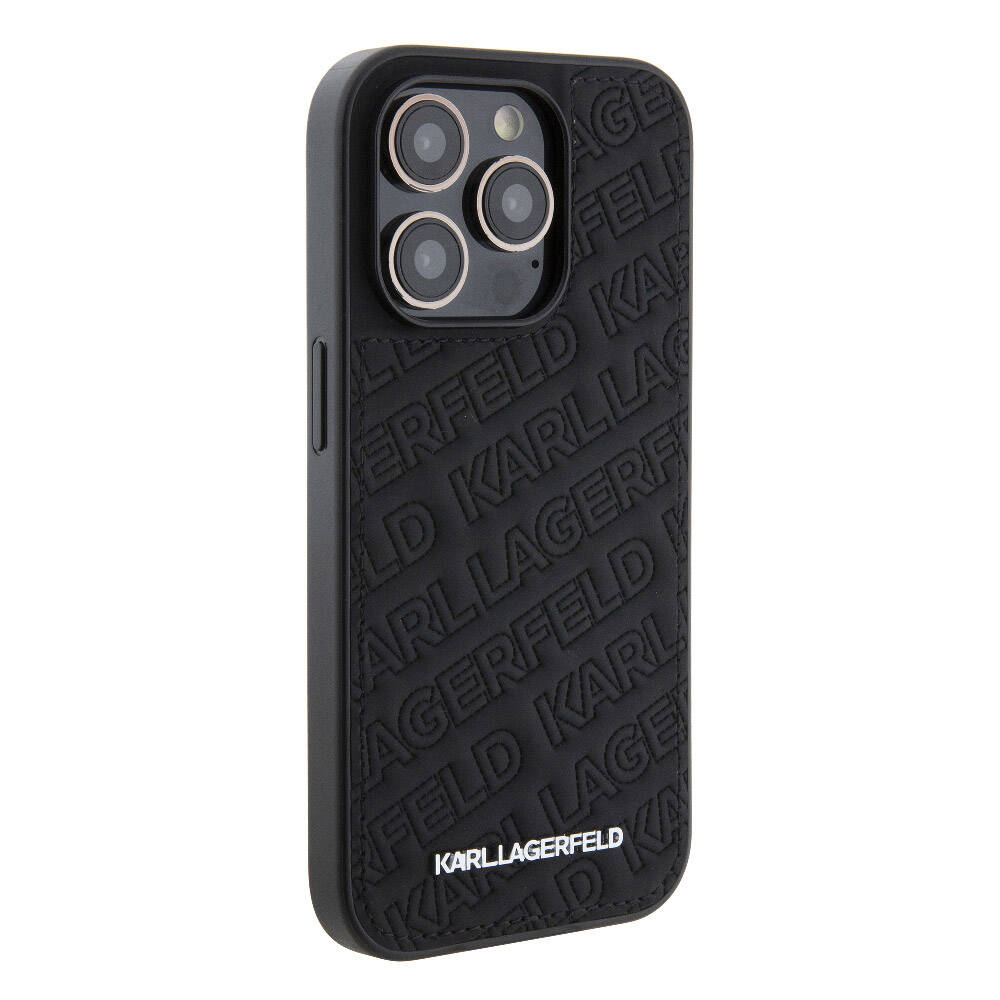 iPhone 15 Pro Max Kılıf Karl Lagerfeld Orjinal Lisanslı Metal Yazı Logolu Dikişli Logo Arka Yüzey Kapitone Kılıf Pembe