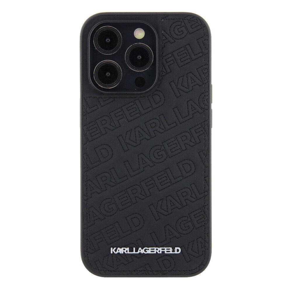 iPhone 15 Pro Max Kılıf Karl Lagerfeld Orjinal Lisanslı Metal Yazı Logolu Dikişli Logo Arka Yüzey Kapitone Kılıf Siyah