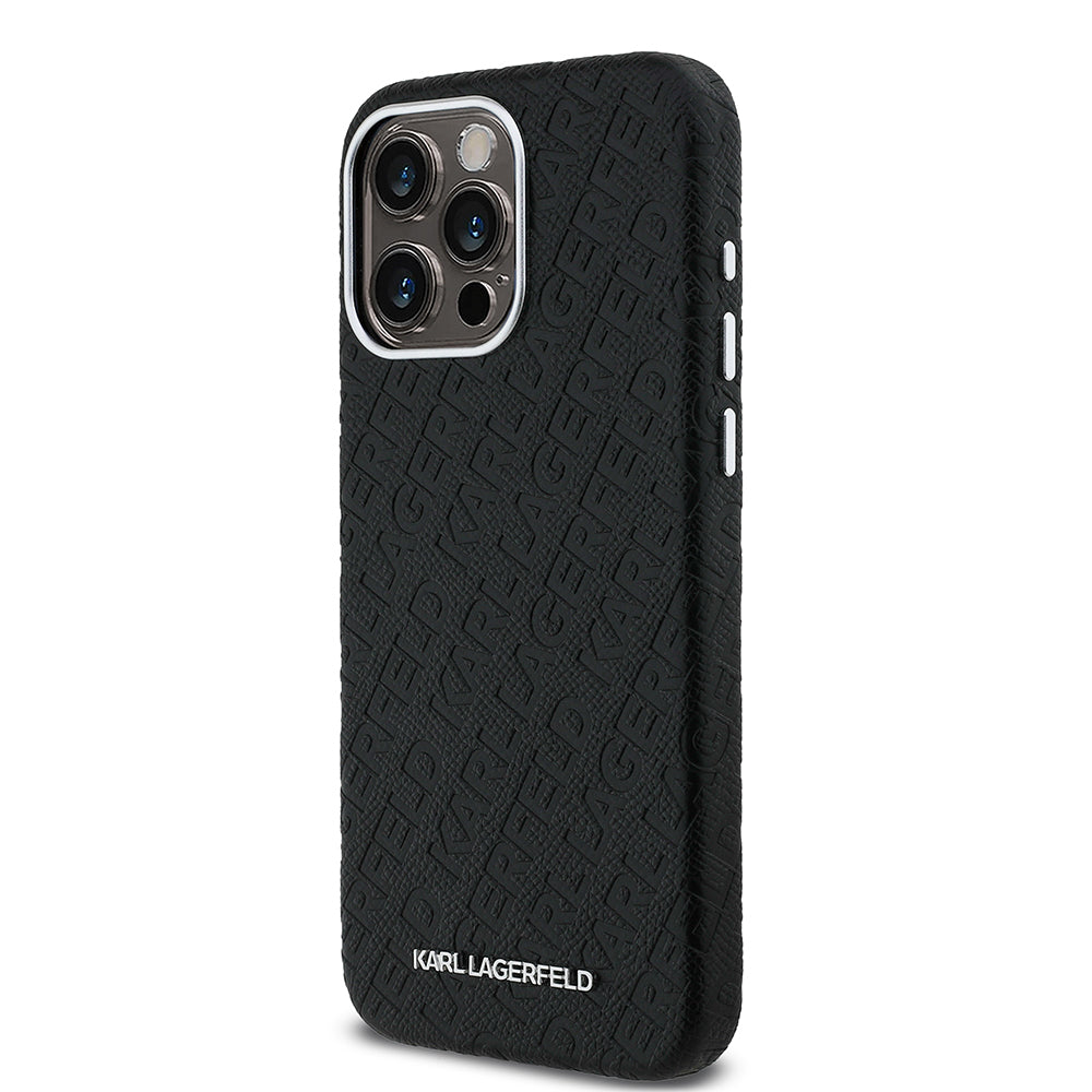 Apple iPhone 15 Pro Max Kılıf Karl Lagerfeld Orjinal Lisanslı PU Deri Damgalı Metal Yazı Logolu Kapak Siyah