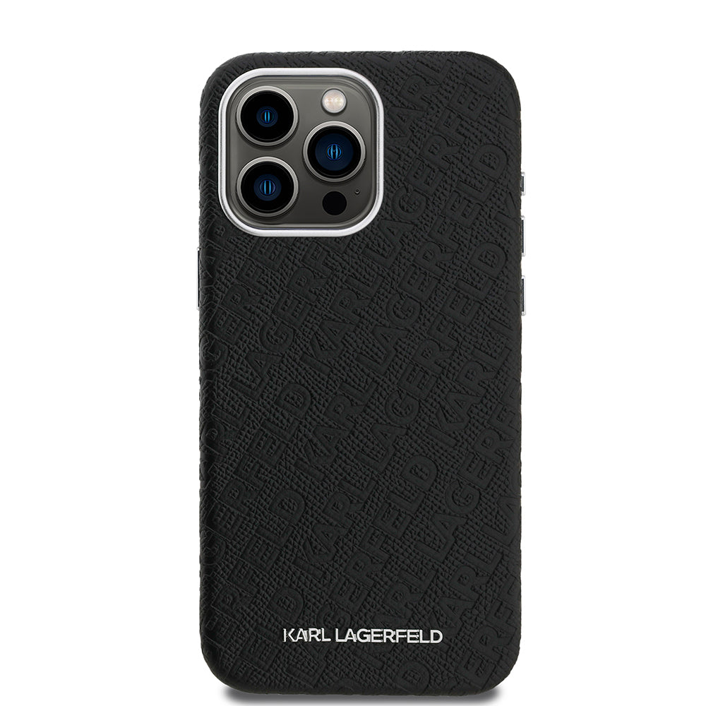 Apple iPhone 15 Pro Max Kılıf Karl Lagerfeld Orjinal Lisanslı PU Deri Damgalı Metal Yazı Logolu Kapak Siyah