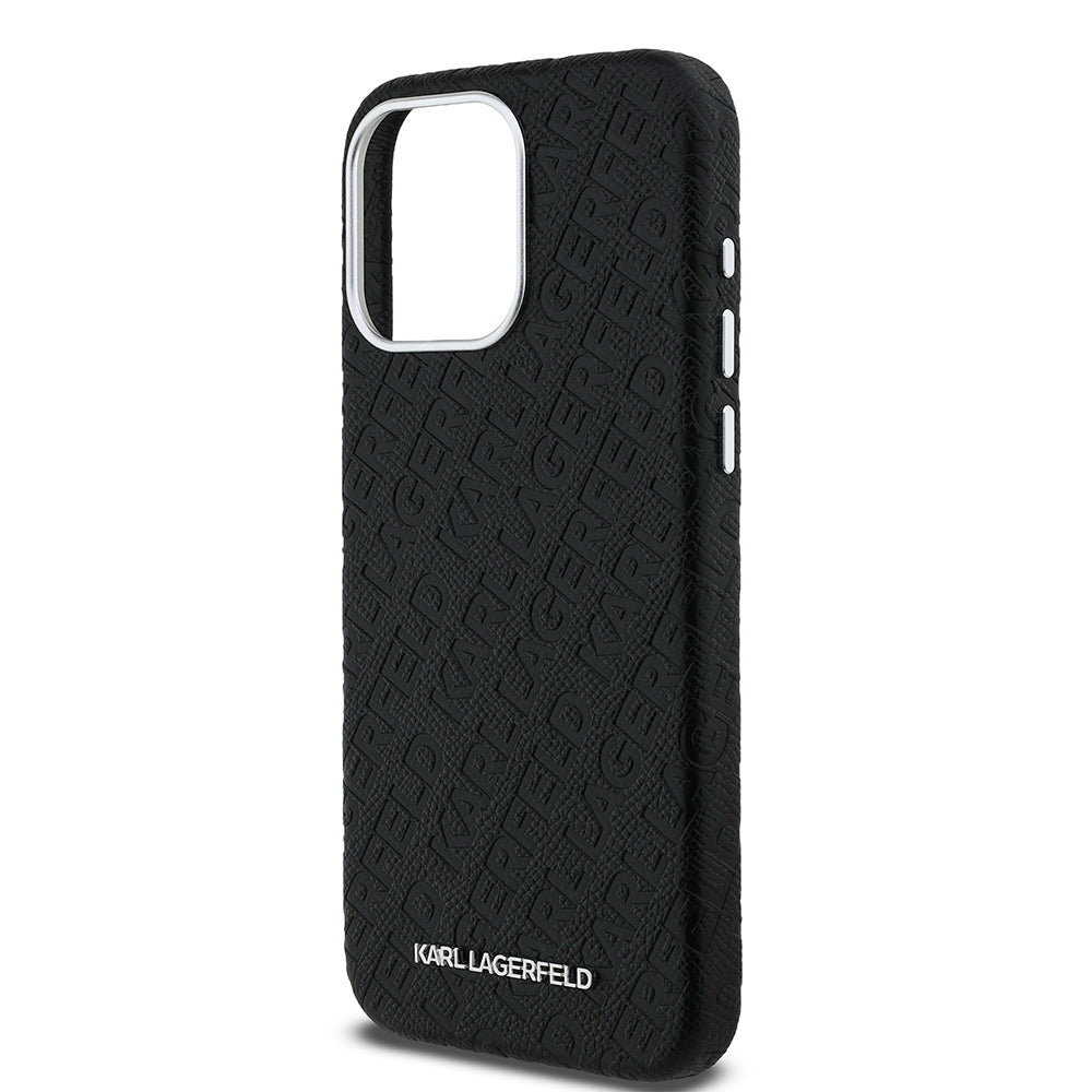 Apple iPhone 15 Pro Max Kılıf Karl Lagerfeld Orjinal Lisanslı PU Deri Damgalı Metal Yazı Logolu Kapak Siyah
