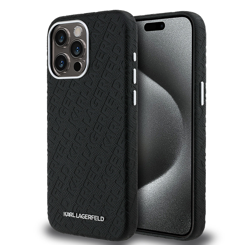 Apple iPhone 15 Pro Max Kılıf Karl Lagerfeld Orjinal Lisanslı PU Deri Damgalı Metal Yazı Logolu Kapak Siyah